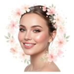 Baby shower makeup icon showing a radiant expectant mother with soft, natural makeup and floral accents for LaturMakeup service.