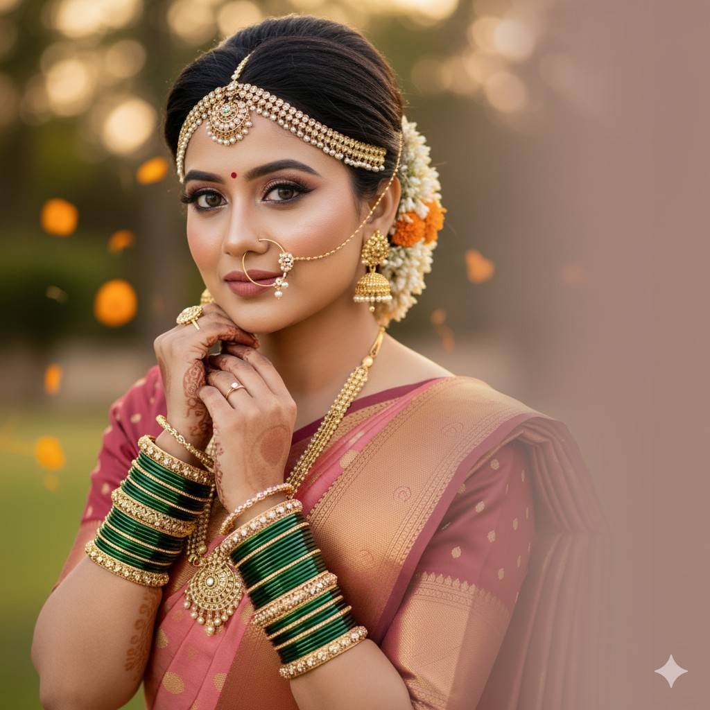 Photorealistic Maharashtrian bridal makeup portrait in Latur with rose‑gold tones showing wedding day perfection for bridal makeup Latur.