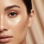 Icon for HD makeup service at LaturMakeup, glowing smooth skin texture illustration with beige and gold highlights.