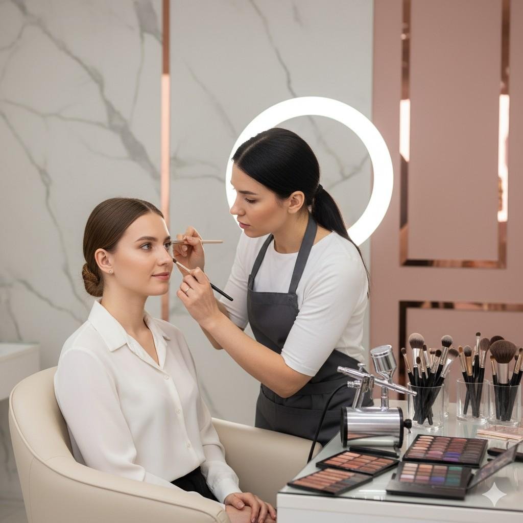 Professional makeup artist in Latur working with premium tools in a clean studio, showcasing expert beauty services for makeup artist Latur.